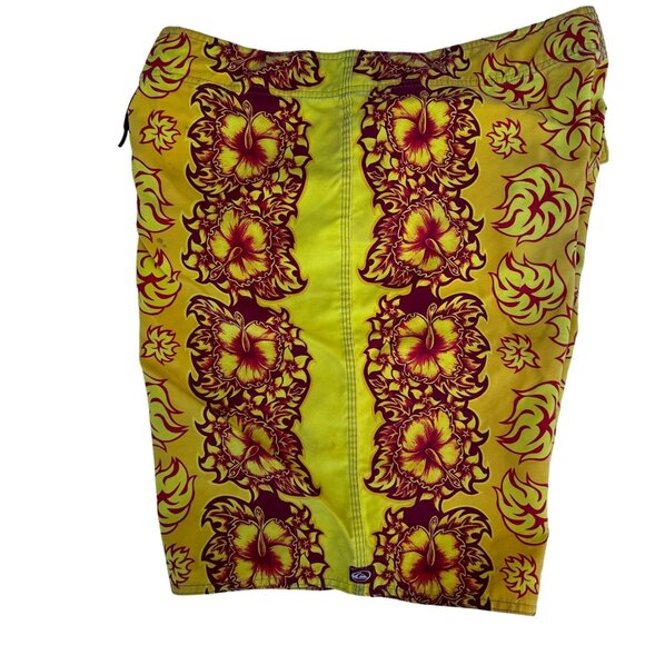 Quiksilver Sz 38 Hawaiian Swim Board Shorts Hibiscus Floral Yellow Orange - Picture 10 of 16